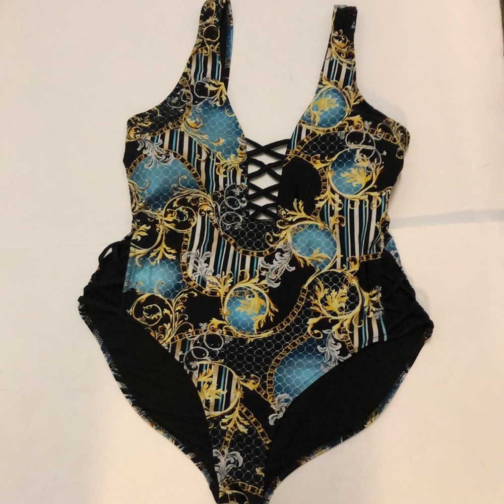 Coral Tropics by Apollo Swimwear One Piece Swimsuit Plus SZ 1X Black Blue